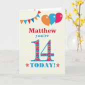 名前をカスタムする14誕生日バウンティングバルーンカード カード (黄色い花)