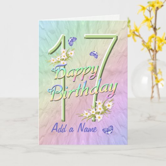 名前をカスタムする17誕生日バタフライガーデンカード カード (黄色い花)