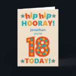 名前をカスタムする18th誕生日お尻ホレー カード<br><div class="desc">明るく明るい誕生日カードは、クリームの背景にカラフルレタリングとフロントカバーでパーソナライズする。表紙挨拶は「お尻お尻ホレー！(名前を追加するための宇宙)、あなたは18歳TODAY!'のカラフルスクリプトはっきりした。赤18は特大で、黄金色と緑がかった青の大きな点を持つ。内側のメッセージは単なる提案であり、簡単に変更または削除することができもします何か好む違うか何も印刷されていない内側のメッセージ。</div>