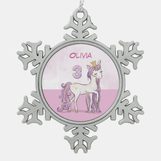 名前をカスタムする3位誕生日ピンクホース王冠 スノーフレークピューターオーナメント (正面)