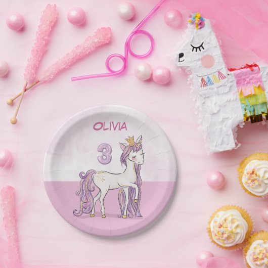 名前をカスタムする3位誕生日ピンクホース王冠 ペーパープレート (パーティー)