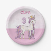 名前をカスタムする3位誕生日ピンクホース王冠 ペーパープレート (正面)