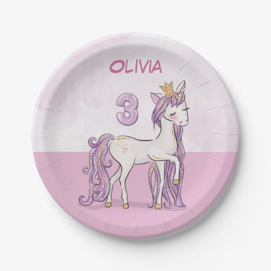 名前をカスタムする3位誕生日ピンクホース王冠 ペーパープレート (正面)