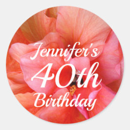 名前をカスタムする40th誕生日オレンジピンクの花写真 ラウンドシール