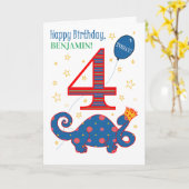 名前をカスタムする4th誕生日とおもしろい恐竜カード カード (黄色い花)