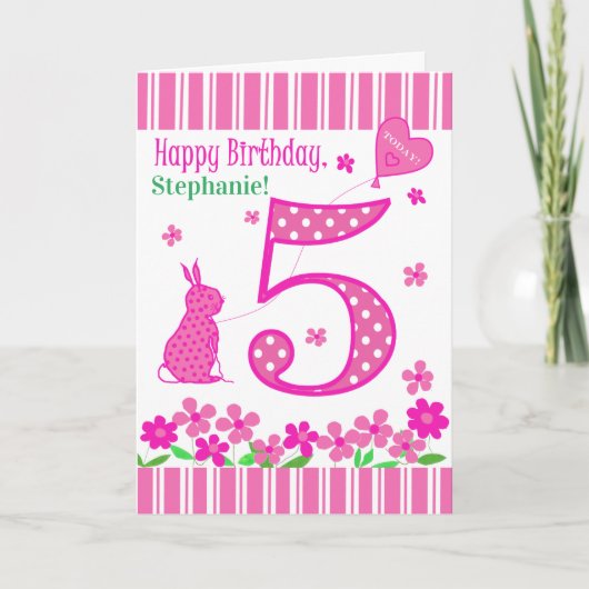 名前をカスタムする5番目の誕生日(ピンクバニーカード付き) カード (正面)