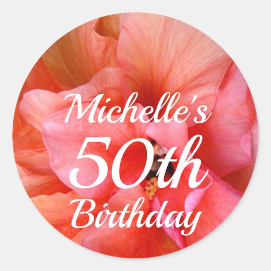 名前をカスタムする50誕生日オレンジピンク花写真 ラウンドシール (正面)