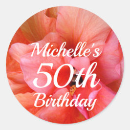名前をカスタムする50誕生日オレンジピンク花写真 ラウンドシール