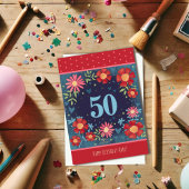 名前をカスタムする50誕生日レッドブルーフローラカード カード
