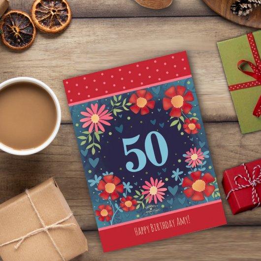 名前をカスタムする50誕生日レッドブルーフローラカード カード