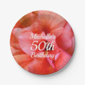 名前をカスタムする50誕生日熱帯花の写真 ペーパープレート (正面)