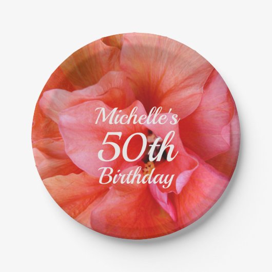 名前をカスタムする50誕生日熱帯花の写真 ペーパープレート (正面)