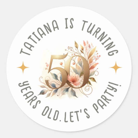 名前をカスタムする50thバースデーパーティーお祝いフローラ ラウンドシール (正面)