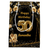 名前をカスタムする50th誕生日抱き枕ブラック金ゴールド ミディアムペーパーバッグ (裏面)