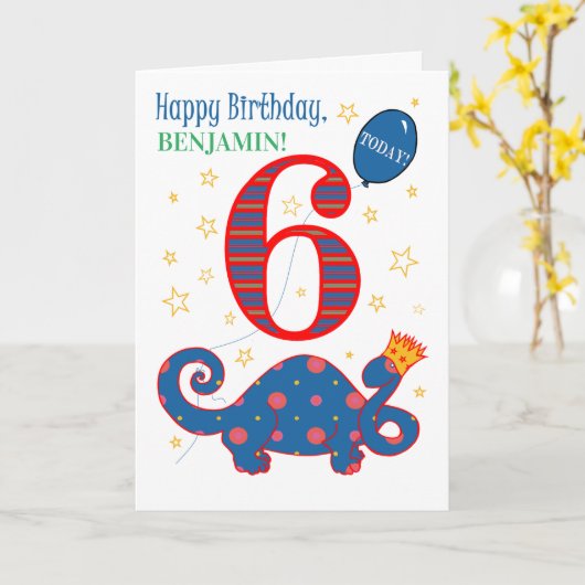 名前をカスタムする6番目の誕生日とおもしろい恐竜カード カード (黄色い花)