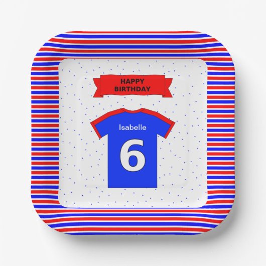名前をカスタムする6thバースデーパーティードレッドブルー・スクエア ペーパープレート (正面)