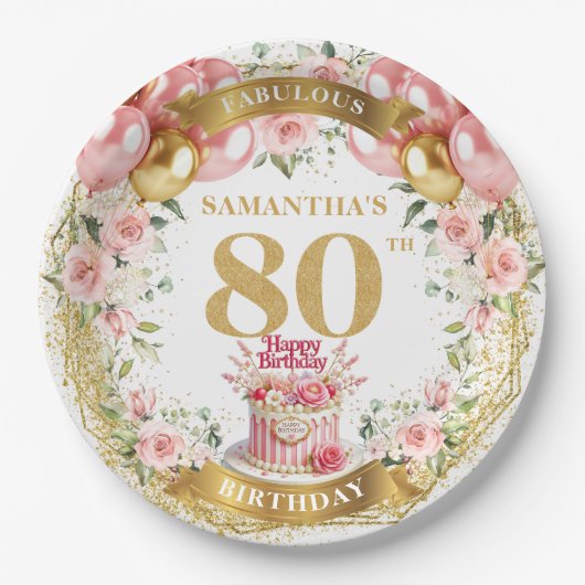 名前をカスタムする80番目の誕生日プレート ペーパープレート (正面)