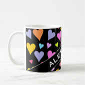 名前をカスタムする+おもしろい、ラビング、カラフルハートパターン コーヒーマグカップ (左)