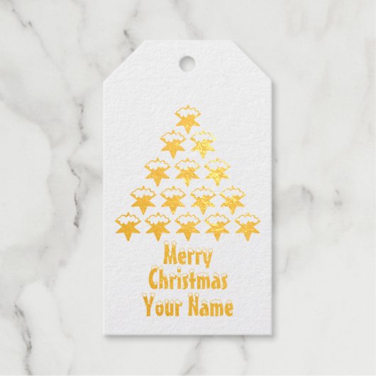 名前をカスタムする、クリスマスグリーン雪スターズツリー ギフトタグ (正面)