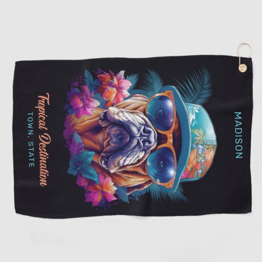 名前をカスタムする&デスティネーショントロピカルバケーションドッグ ゴルフタオル (横)