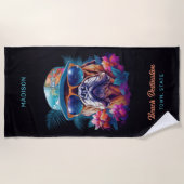 名前をカスタムする&デスティネーショントロピカルバケーションドッグ ビーチタオル (正面)