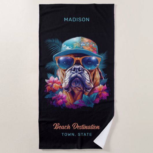 名前をカスタムする&デスティネーショントロピカルバケーションドッグ ビーチタオル (正面)