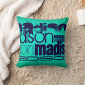 名前をカスタムする；ネイビーブルーとネオンアクアターコイズ クッション (ブランケット)