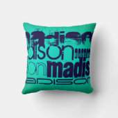 名前をカスタムする；ネイビーブルーとネオンアクアターコイズ クッション (裏面)