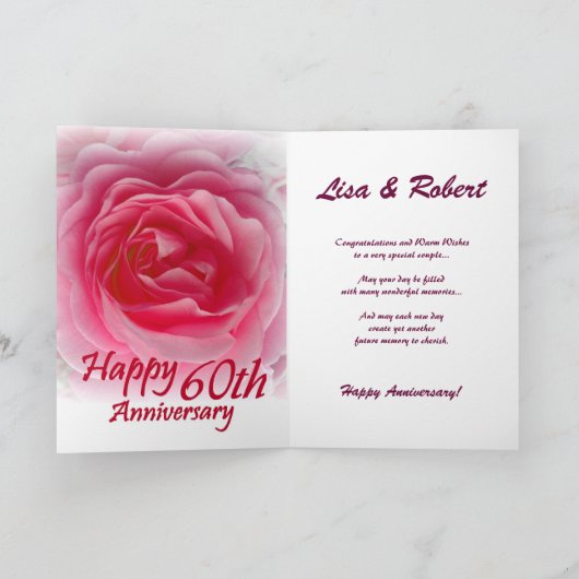 名前をカスタムする-ピンクのバラとの第60記念日 カード (内部)