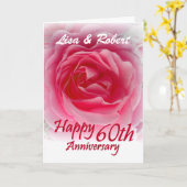 名前をカスタムする-ピンクのバラとの第60記念日 カード (黄色い花)