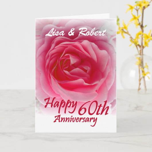 名前をカスタムする-ピンクのバラとの第60記念日 カード (黄色い花)