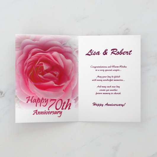 名前をカスタムする-ピンクのバラとの第70記念日 カード (内部)
