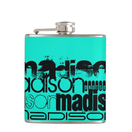 名前をカスタムする;ブラック&ネオンアクアターコイズ フラスク (正面)