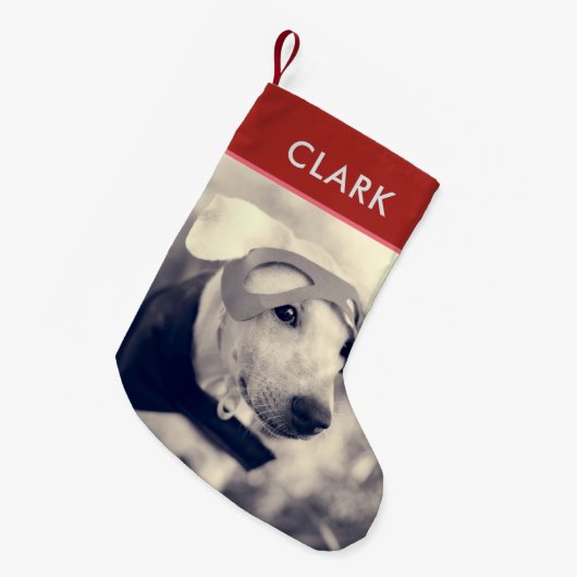 名前をカスタムする&ペットフォトlかわいい子犬の恋人 スモールクリスマスストッキング (正面 (吊り時))