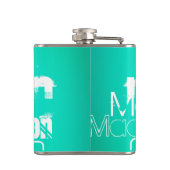 名前をカスタムする、ホワイトおよびネオンアクアターコイズ フラスク (裏面)