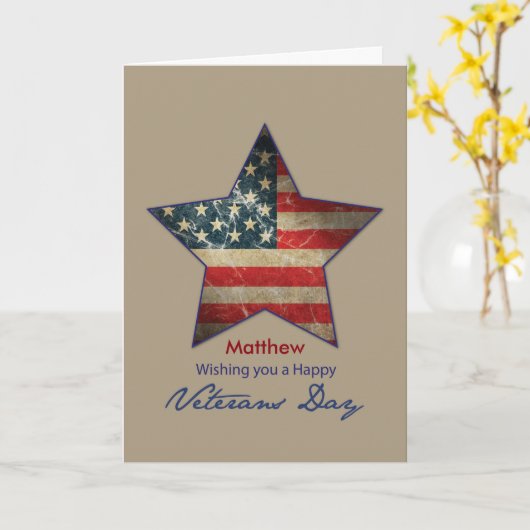 名前をカスタムする，マタイ，幸せな退役軍人の日，旧国旗 カード (黄色い花)