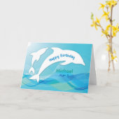 名前をカスタムする、ミハエル年齢6、イルカの誕生日 カード (黄色い花)