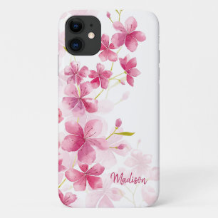 名前をカスタムする モダンフローラさくらんぼの花模様 iPhone 11 ケース