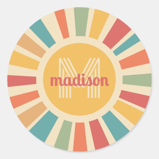 名前をカスタムする&モノグラムレトロストライプズ ラウンドシール (正面)