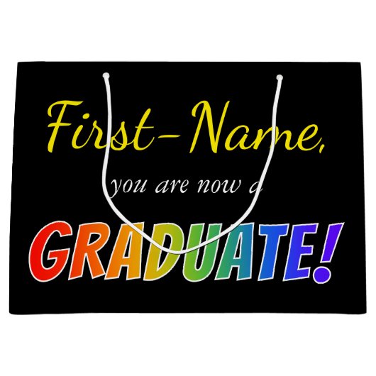 名前をカスタムする + "今ではです卒業生!" (虹) ラージペーパーバッグ (正面)