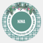 名前をカスタムする |冬の緑リース ラウンドシール (正面)