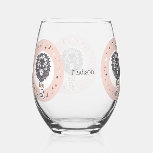 名前をカスタムする〔占星術の〕十二宮図サインレオ ステムなしワイングラス (正面)