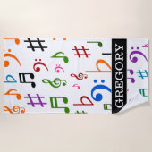 名前をカスタムする; 多くのカラフルな音楽ノートおよび記号 ビーチタオル (正面)