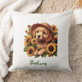 名前をカスタムする,子犬,帽子,水色ひまわり クッション (ブランケット)