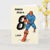 名前をカスタムする、孫8誕生日スーパーヒーロー、リアム カード (黄色い花)