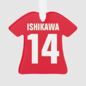 名前をカスタムする、数値、色。スポーツファン赤シャツ オーナメント (裏面)