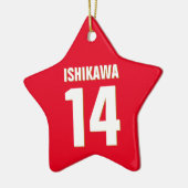 名前をカスタムする、数値、色。スポーツファン(赤) セラミックオーナメント (左)