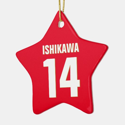 名前をカスタムする、数値、色。スポーツファン(赤) セラミックオーナメント (左)