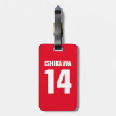 名前をカスタムする、数値、色。スポーツファン（赤） ラゲッジタグ (裏面縦)