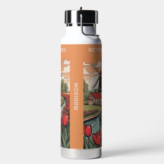 名前をカスタムする&文字オランダウィンドミル ウォーターボトル (左面)